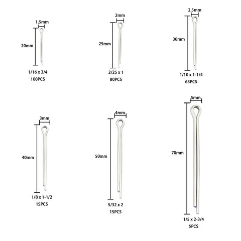 Heavy Duty Stainless Steel Cotter Pin Kit Assortment 280 560 840 Pieces diagram showing various pin sizes for trailer hitches use