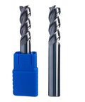 Front and side view of two boring bar lathe cutters with spiral flutes; blue plastic storage holder on the left