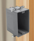 1 Gang PVC New Work Outlet Box 18 Cubic Inch Switch Box ETL Listed UL514C UL263 Safety Certified Durable Plastic Construction With Nail On Tabs And Knockouts For Quick Easy DIY Friendly Wiring Installation installed in wood stud