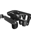 Dual Cup Holder Hook For Rivian R1s And R2 Keeps Drinks Locked Tight With Deepened Spill Proof Slots Plus Heavy Duty Phone Clip For Easy Backseat Streaming Built From Bomb Proof Abs Plastic Build, showing black polymer design with dual slots and phone clip.