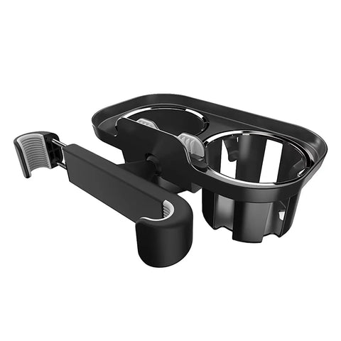 Dual Cup Holder Hook For Rivian R1s And R2 Keeps Drinks Locked Tight With Deepened Spill Proof Slots Plus Heavy Duty Phone Clip For Easy Backseat Streaming Built From Bomb Proof Abs Plastic Build, showing black polymer design with dual slots and phone clip.