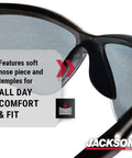 Close-up of Heavy Duty Safety Glasses With Hard Coated Anti Scratch Polarized Lenses For Crisp Vision And Slip On Fit Ansi Z87 Certified Eye Protection That Handles The Daily Grind Pack Of 12 For Work Sites showing soft nose piece and temples.