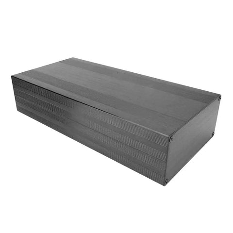 Heavy Duty Aluminum Electronics Enclosure With Pro Grade Heat Sink For Rugged Diy Builds And Audio Amp Pcbs Customizable 300 Millimeter Shell side view displaying ribbed surface and metal finish.