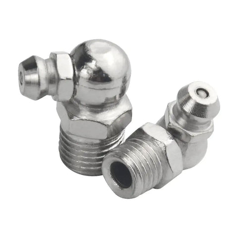 Close-up of 60 Piece Metric Hydraulic Grease Fitting Kit Galvanized Steel M6 M8 M10 Straight 90 Degree 45 Degree Angles Assortment