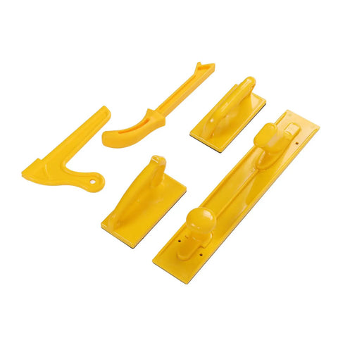 Pro Grade Five Piece Push Block Set For Woodworking Safety With Angled And Offset Handles in high visibility yellow displayed on white background