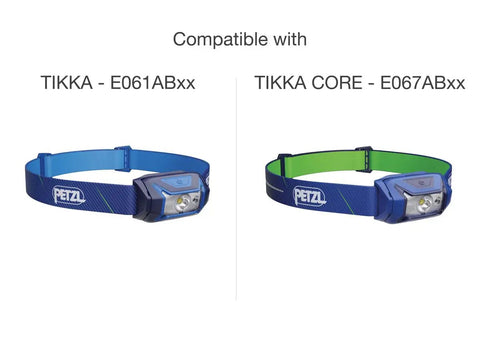 Replacement Headband For TIKKINA TIKKA ACTIK Headlamps Black - Two headlamps with blue and green elastic straps side by side.
