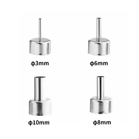 Four metal nozzles for 800W Hot Air Gun Soldering Station With LCD Display Auto Sleep Fast Desoldering Rework System, sizes 3mm to 10mm
