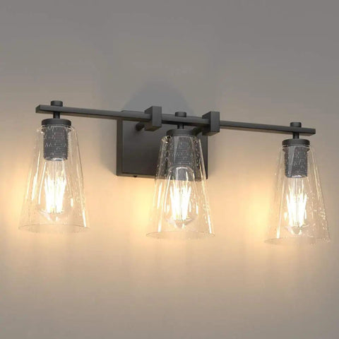 Vintage Industrial 3 Light Vanity Sconce In Black With Bubble Glass Shades, Durable Wrought Iron Wall Light For Bathroom