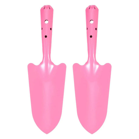 Two Pack Mini Colorful Metal Garden Shovels Set 11 Inch Hand Trowels For Planting Transplanting Soil Digging Weeding In Small Pots Durable Iron Tools With Bright Pink Finish