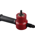 Aramox Double Head Sheet Metal Nibbler Cutter Drill Attachment For Straight Curves And Circles 360 Degree Rotating Steel Chopper Tool With Red Finish shown from side angle with handle and chopper head visible.