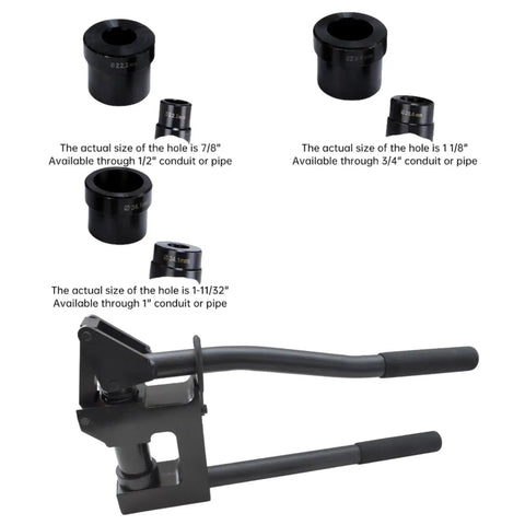 Manual Lever Sheet Metal Hole Punch Kit For 20Gauge Steel With 7/8 Inch, 1-1/8 Inch, And 1-11/32 Inch Dies, shown with black handles