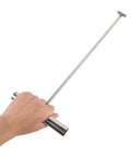 Hand holding Heavy Duty Steel Manhole Cover Lifter Hook and Forty Three Inch Roller Shutter Prying Bar, stainless steel design.