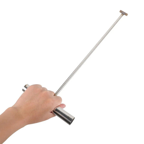 Hand holding Heavy Duty Steel Manhole Cover Lifter Hook and Forty Three Inch Roller Shutter Prying Bar, stainless steel design.