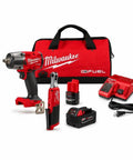 M18 Fuel Mid Torque Impact Wrench Paired With M12 Fuel High Speed Ratchet Two Piece Combo Kit Featuring RedLithium Xc50 Battery in a red carrying case.