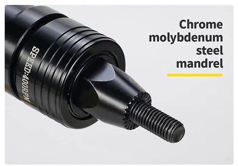 Close-up of chrome molybdenum steel mandrel on a Pneumatic Rivet Nut Gun With Self Locking Heads And Quick Change Mandrels In One Quarter Inch.
