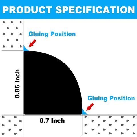 Product specification showing 59 Inch Flexible Quarter Round Molding with Silicone Rubber Peel and Stick Shower Water Barrier dimensions