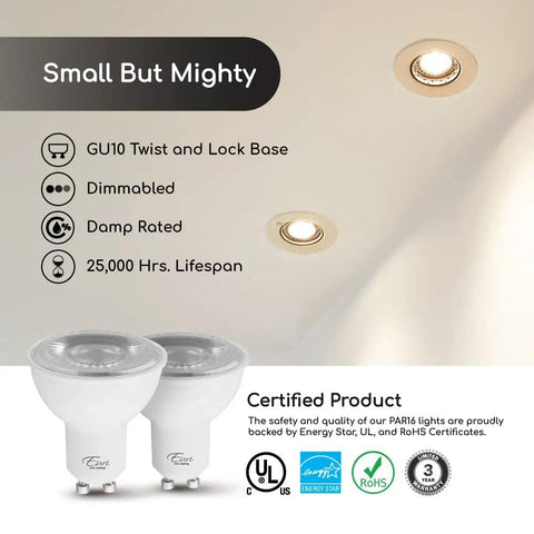 Low Profile Dimmable Led Par16 Bulbs Gu10 Base, 7W Replaces 50W, 500 Lumens Warm White 2700K, Slick Zero Flicker Dimming For Chill Ambient Room Vibes, Damp Rated Energy Star Pair