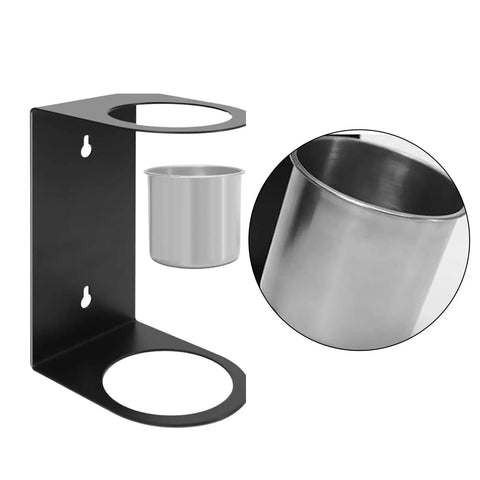 Kickass Wall Mounted Funnel Organizer Rack With Heavy Duty Iron Frame For Hella Tight Workshop Storage And Rust Resistant Industrial Shelf Brackets System, featuring a black iron wall mount with a silver funnel holder.