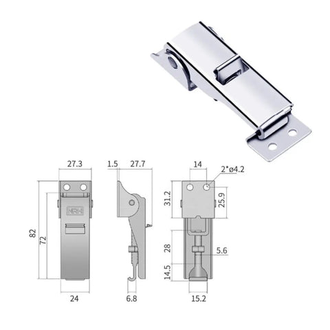 Adjustable Stainless Steel Hook Lock Latch For Toolbox And Cabinet with dimensions and antique finish design