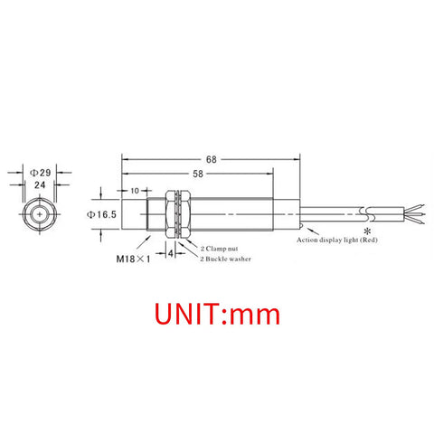 Technical diagram of Two Pack Capacitive Proximity Sensor Switch M18 6V-36V DC NPN Normally Open 3-Wire 10mm Sensing Distance Model LJC18A3-H-Z/BX