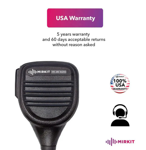 Front view of Pro Grade Heavy Duty Shoulder Speaker Microphone For Baofeng UV radios with USA warranty details