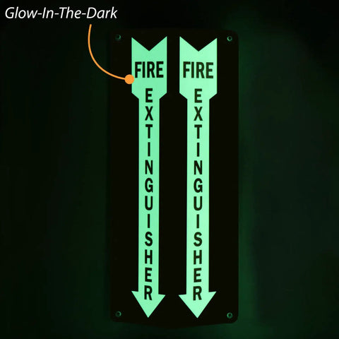 Fire Extinguisher Sign Two-Sided V-Shaped Projecting Wall Sign With Down Arrow 18x4 Inches 120 Mil Glow-In-The-Dark Acrylic
