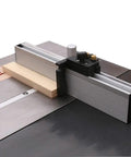 Heavy Duty Aluminum Alloy Miter Gauge Extension Rail With Slick T Track Slide Brackets And Quick Adjust Flip Stop Fence Connector For Table Saw Shop Setup, mounted on table saw with wood.