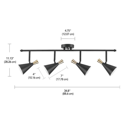 Dope Lofty Industrial Four Light Track Lighting Fixture With Pivoting Heads In Matte Black And Brass Accents with dimensions