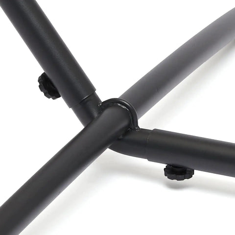 Close-up of Heavy Duty Portable Hammock Stand For Two Adults Outdoor Ready Easy Assembly In Minutes 9 foot black steel frame joints