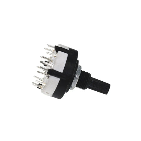 RS26 Rotary Band Switch Encoder With 4 Pole 3 Position, 2 Pole 6 Position, 1 Pole 12 Position, 21mm Handle, Plastic Case shown horizontally