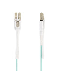 OM4 Push-Pull Fiber Cable 10ft 3m LC to LC for High-Density Setups With Retractable Connectors, EMI Shielded, Supports Up To 100Gbps Networking, Toolless Polarity Swap For Easy Insertion And Removal. Front and side view of white LC-LC OM4 multimode fiber cable with retractable connectors