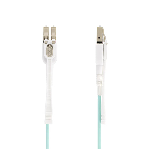OM4 Push-Pull Fiber Cable 10ft 3m LC to LC for High-Density Setups With Retractable Connectors, EMI Shielded, Supports Up To 100Gbps Networking, Toolless Polarity Swap For Easy Insertion And Removal. Front and side view of white LC-LC OM4 multimode fiber cable with retractable connectors