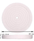 10 Inch Extra Thick Fine Cotton Buffing Wheels 70 Ply Polish Pads For Bench Grinders 3/4 Inch Arbor, shown flat and side view.