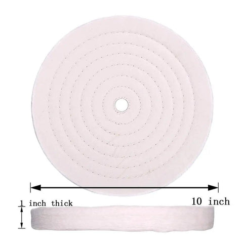 10 Inch Extra Thick Fine Cotton Buffing Wheels 70 Ply Polish Pads For Bench Grinders 3/4 Inch Arbor, shown flat and side view.