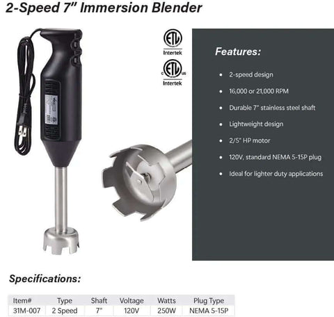 Commercial Two Speed Handheld Immersion Blender Featuring Seven Inch Stainless Steel Shaft And Real Deal Heavy Duty Motor delivering smooth blends, highlighting its 2-speed controls.