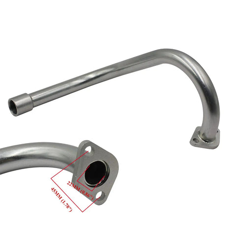 Beefy Heavy Duty Exhaust With Muffler For Predator 212cc with measurements in black metal.