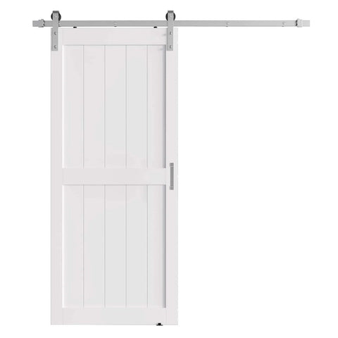 Front view of 40 x 84 Inch Solid Wood Paneled Sliding Barn Door With Brushed Nickel Hardware Kit, White Finish