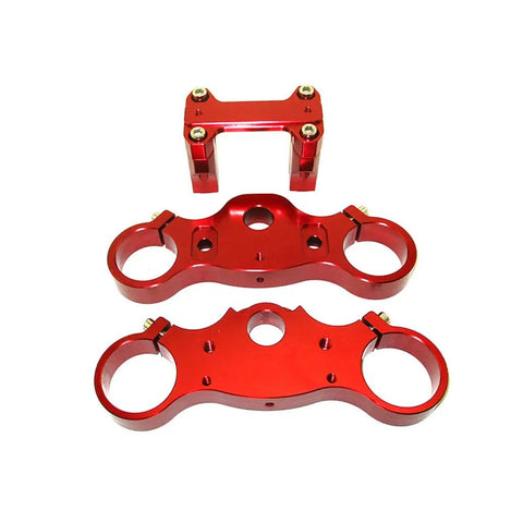 Red CNC Aluminum Triple Clamp Set For Pit Dirt Bike Forks 45mm And 48mm With 22mm Handlebar 165mm Center To Center displayed flat
