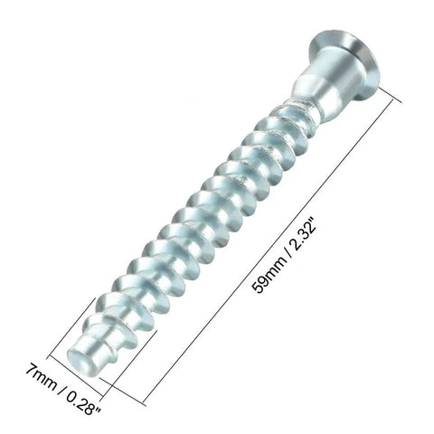 Close-up of Confirmat Screws 7x59mm Hex Socket Wood Screws Zinc Plated with measurements for furniture assembly and DIY projects.