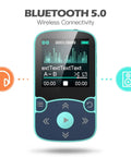 32GB Clip On MP3 Player With Bluetooth 5.3 For Sports, A65 Pedometer Music Player, display screen with controls and icons for headphones and speaker connectivity.