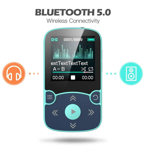 32GB Clip On MP3 Player With Bluetooth 5.3 For Sports, A65 Pedometer Music Player, display screen with controls and icons for headphones and speaker connectivity.