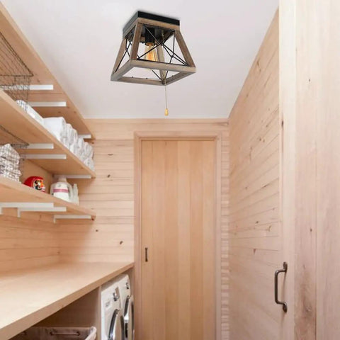 Rustic Wood Farmhouse Ceiling Light With Pull Chain 1 Light Small Square Black Flush Mount For Hallway Closet Laundry Room Edison E26 Compatible Country Style Indoor Lighting