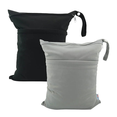 Two-pack of waterproof reusable wet dry bags, black and gray, with dual zip pockets for 2 Pack Cloth Diaper Wet Dry Bags Waterproof Reusable With Dual Zip Pockets For Travel Beach Pool Daycare Soiled Baby Items Gym Bag For Swimsuits Or Wet Clothes.