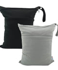 2 Pack Cloth Diaper Wet Dry Bags Waterproof Reusable With Dual Zip Pockets for travel, featuring black and gray bags