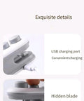 Close-up of Portable Double Function Bag Sealer And Cutter With Usb Cable showing USB charging port and hidden blade feature.