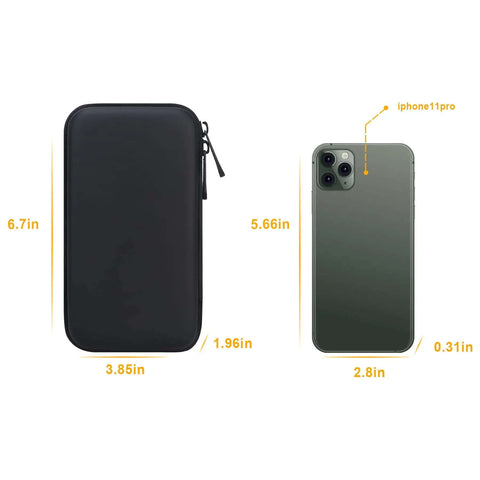 Heavy Duty Slick Daily Driver Travel Case For Macbook Adapters Type C Chargers And Tech Gear With Spacious Soft Interior For Hubs Mice And Cables Water Resistant PU Leather Black next to iPhone 11 Pro for size reference.