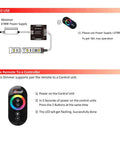 Instruction diagram for RGB LED Dimmer Switch With RF Wireless Control And Sliding Remote Dimmable PWM DC 12V 24V 18A setup.