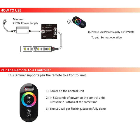 Instruction diagram for RGB LED Dimmer Switch With RF Wireless Control And Sliding Remote Dimmable PWM DC 12V 24V 18A setup.