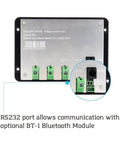 Heavy Duty 30A PWM Solar Charge Controller 12V 24V Auto Sensing With Front View Display showing wiring connections and RS232 port.