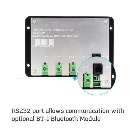 Heavy Duty 30A PWM Solar Charge Controller 12V 24V Auto Sensing With Front View Display showing wiring connections and RS232 port.
